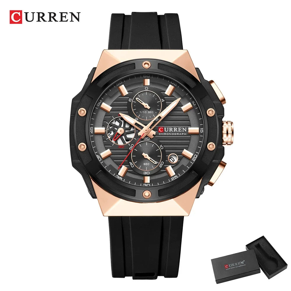 CURREN Reloj deportivo de cuarzo multifuncional con cronógrafo y correa de silicona, esfera de diseño creativo y manecillas luminosas.