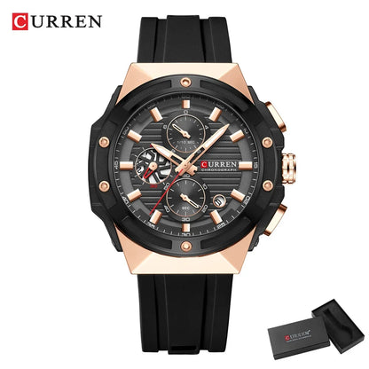 CURREN Reloj deportivo de cuarzo multifuncional con cronógrafo y correa de silicona, esfera de diseño creativo y manecillas luminosas.