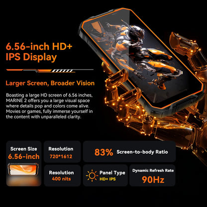 Teléfono resistente Blackview OSCAL Marine 2, 8 GB de RAM, 256 GB de almacenamiento, smartphone con IA, batería de 11000 mAh, pantalla HD+ de 6,56", procesador Unisoc T61, Android 15 y NFC.