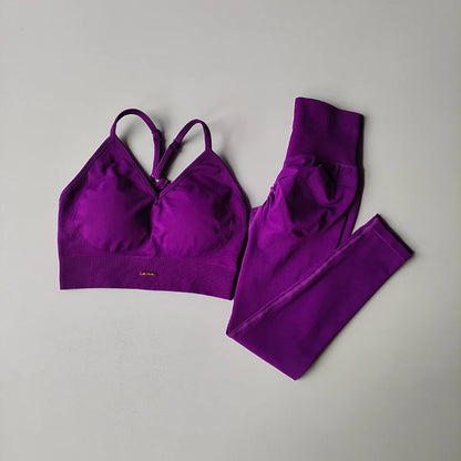 Traje de yoga sin costuras para levantamiento de cadera, sujetador deportivo para mujer, traje de yoga de secado rápido, leggings ajustados con alto contenido de grasa para gimnasio.