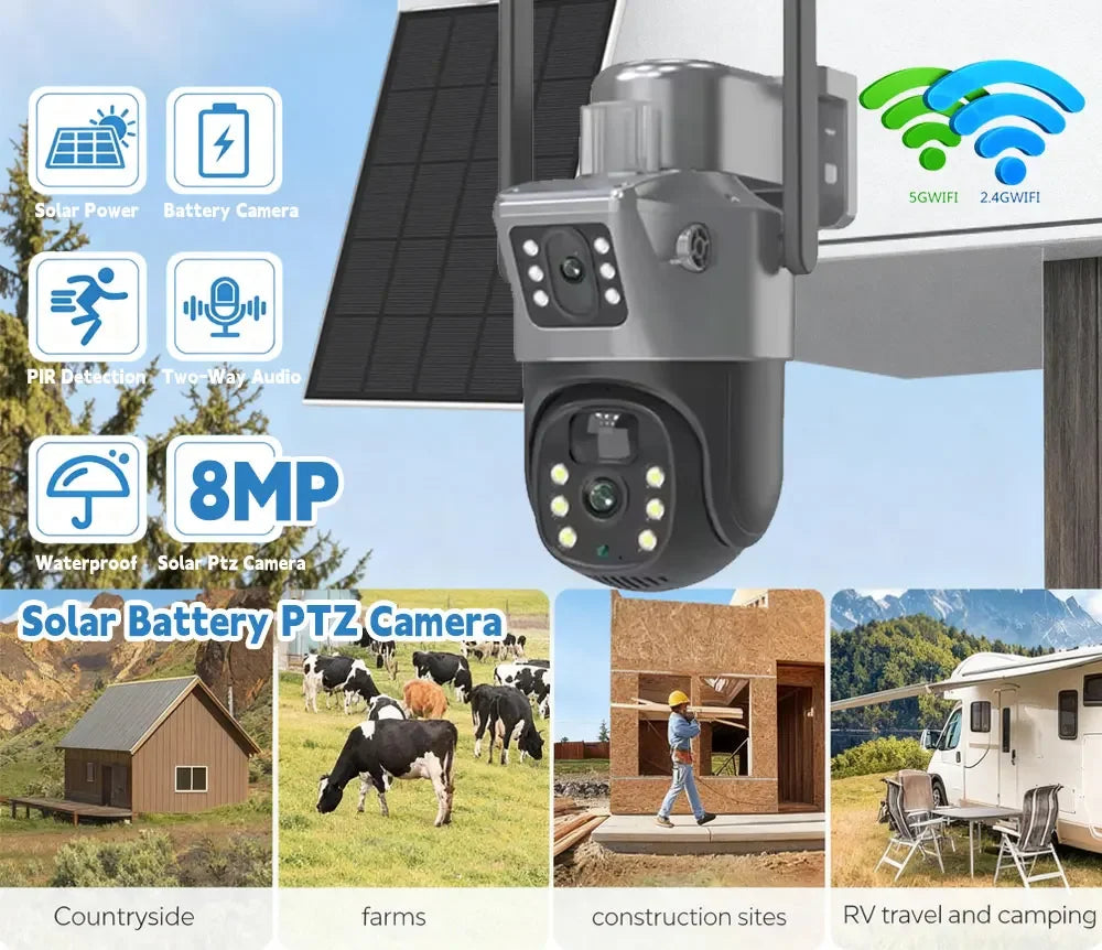 Cámara solar 4K de 8 MP con doble pantalla, Wi-Fi de doble banda 5G y 2.4 GHz, PTZ inalámbrica para exteriores, detección PIR, CCTV, EseeCloud