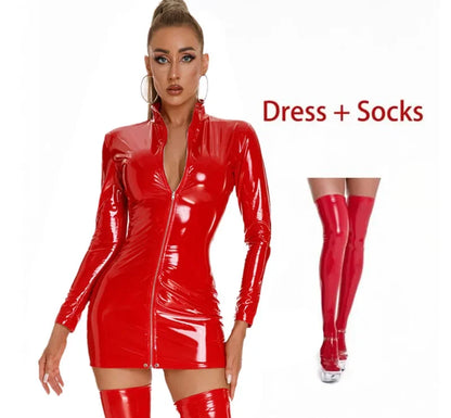 Women Sexy PVC Leather Dress with Stockings Gloves Shiny Latex Bag Hip Skirt Breast Exposing Porno Mini Dress
