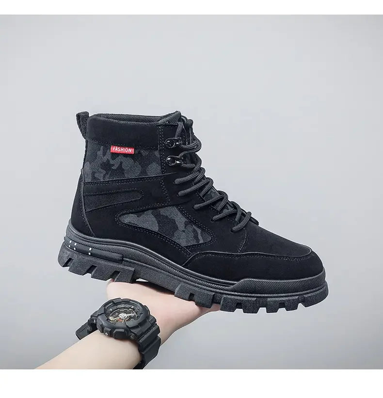 Botas altas para hombre, suela plana, ligeras, para senderismo, exteriores, negras, para correr, tenis, caminar, motocicleta