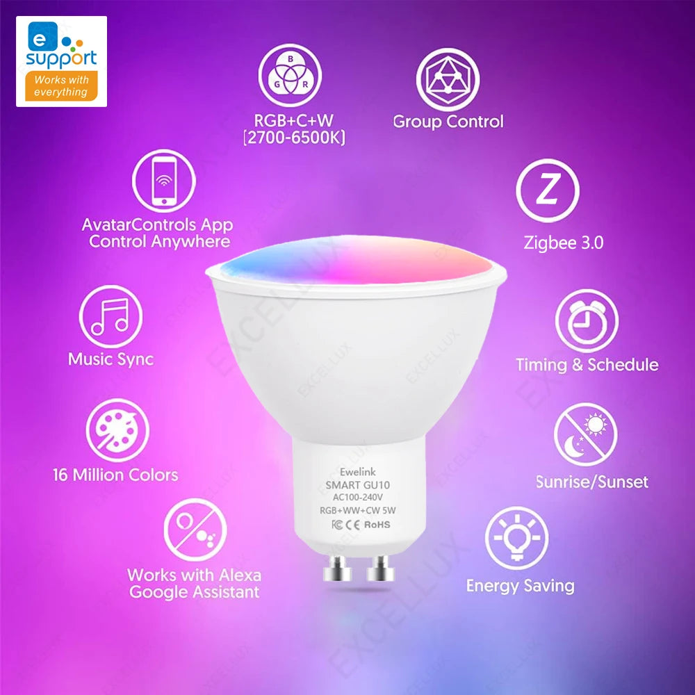 Bombillas LED inteligentes ZigBee GU10 WiFi RGB W+C 5W regulables con control por app. Compatibles con Alexa, Google y Alice Hub.