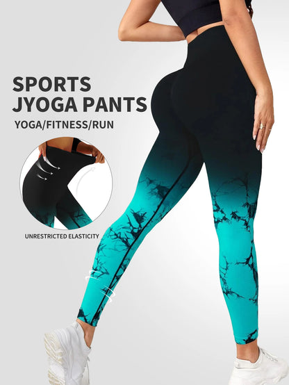 Pantalones de yoga con efecto tie-dye degradado, sin costuras, para mujer, para correr y hacer deporte, cintura alta y levantamiento de cadera, ropa de fitness elástica ajustada.