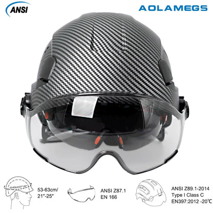 Casco de seguridad con patrón de fibra de carbono y gafas de doble visera para ingenieros, casco de seguridad CE ANSI ABS, gorra de trabajo industrial, rescate