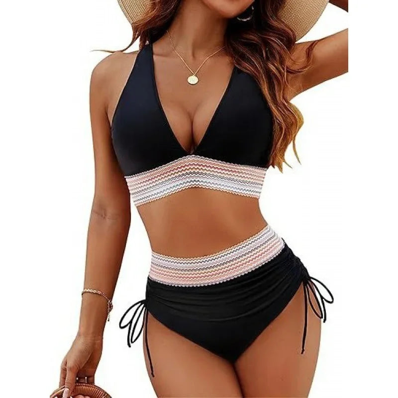 Conjunto de bikini de cintura alta con cinturón de tejido de color puro sexy para mujer, traje de baño de estilo ruso, ropa de playa de moda para mujer