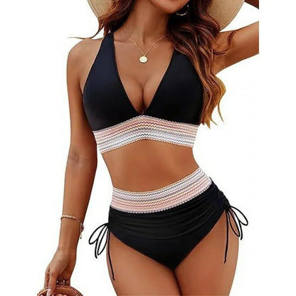 Conjunto de bikini de cintura alta con cinturón de tejido de color puro sexy para mujer, traje de baño de estilo ruso, ropa de playa de moda para mujer
