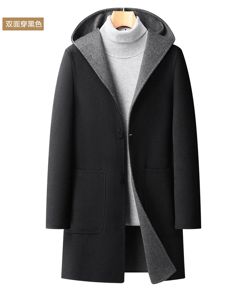 Gabardina de lana de doble faz de lujo y máxima calidad para hombre, estilo otoño-invierno, de largo medio y con capucha.