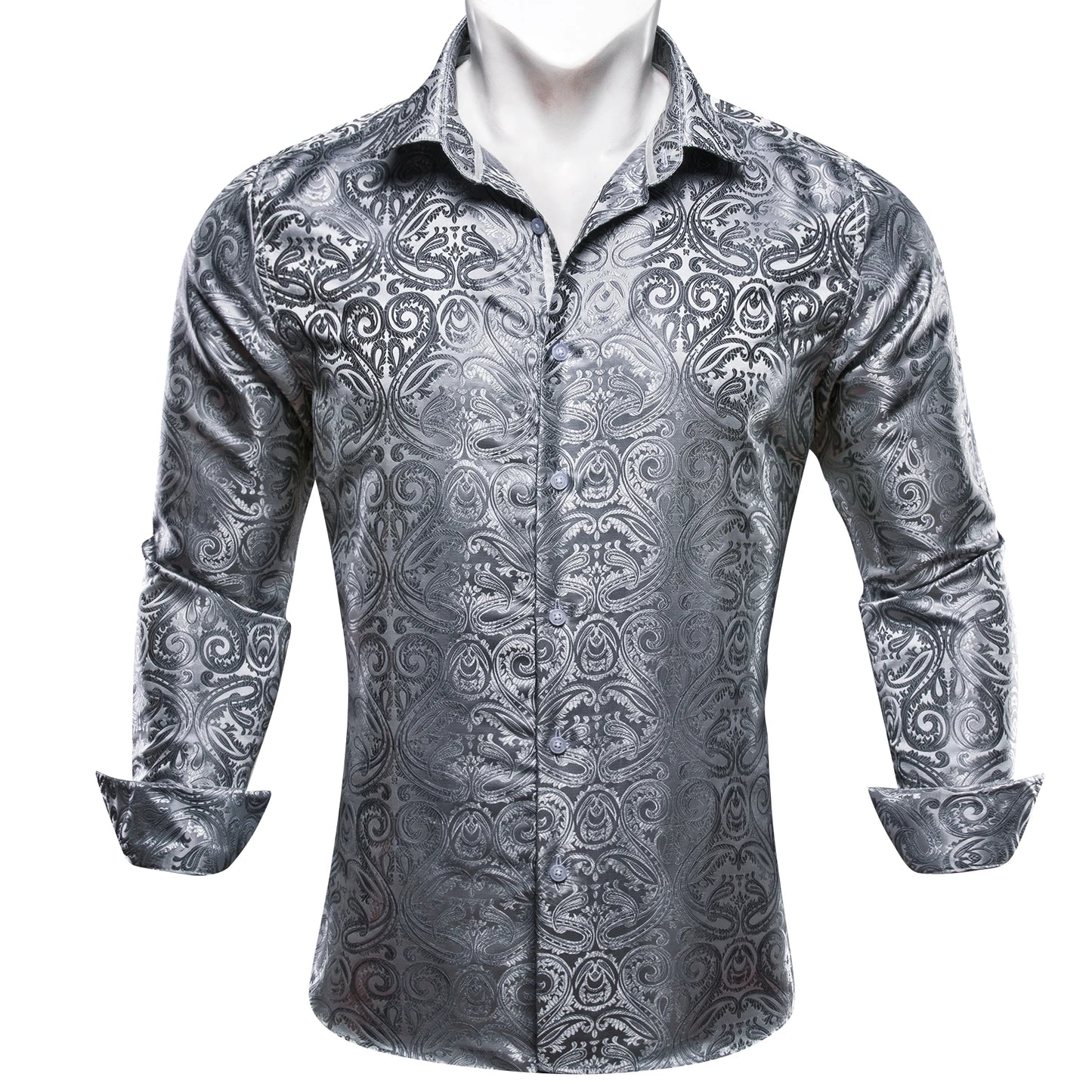 Camisas de seda de diseño para hombre en azul, dorado, verde, rojo, blanco y negro. Estampado cachemir bordado. Corte ajustado. Blusas casuales de manga larga.
