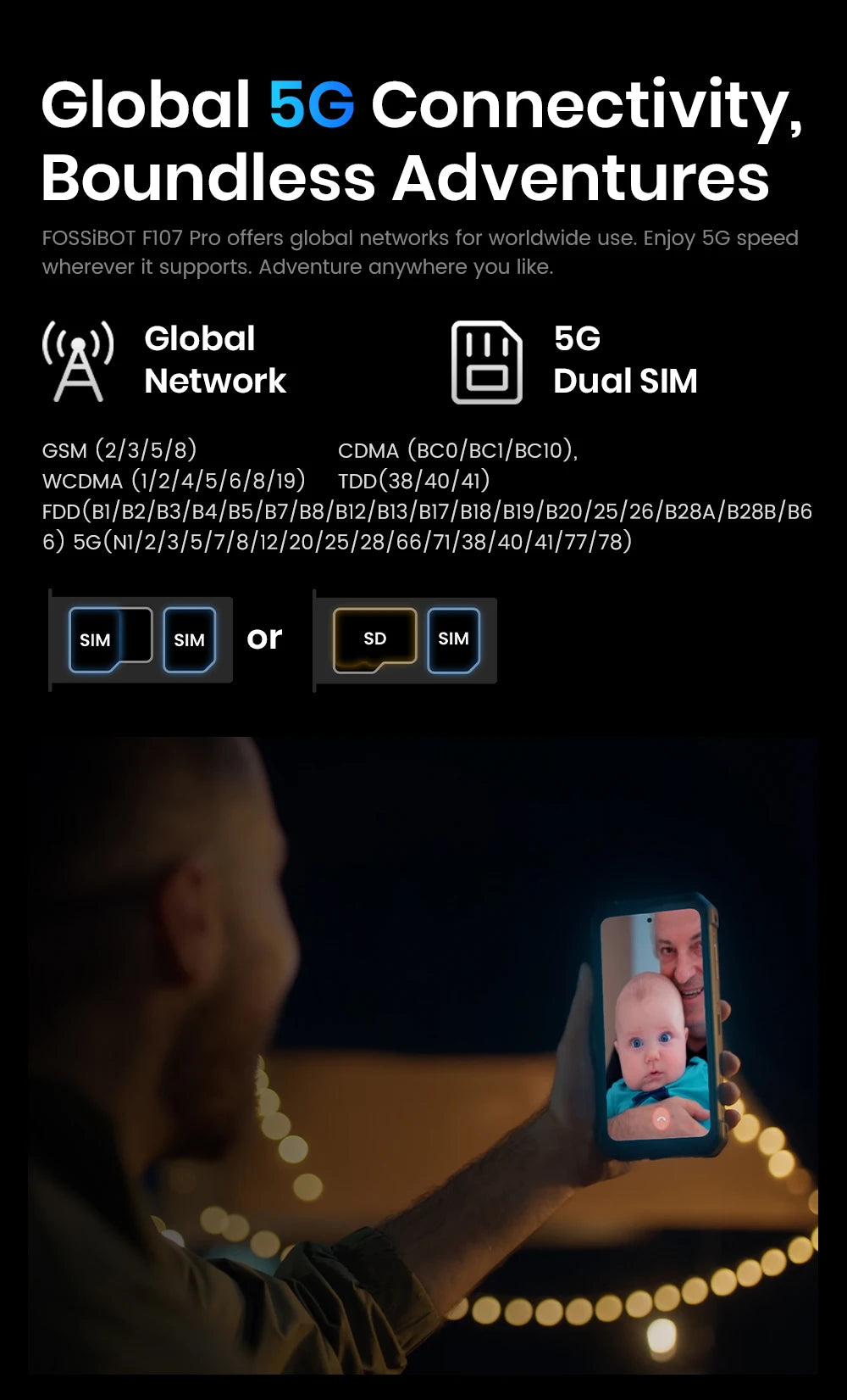 Teléfono móvil resistente Fossibot F107 Pro, 30 (12+18) GB + 512 GB, Android 15, batería de 28000 mAh, carga rápida de 66 W, cámara de 200 MP + 32 MP, 5G, NFC/GPS, doble linterna brillante.