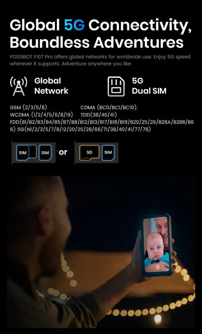 Teléfono móvil resistente Fossibot F107 Pro, 30 (12+18) GB + 512 GB, Android 15, batería de 28000 mAh, carga rápida de 66 W, cámara de 200 MP + 32 MP, 5G, NFC/GPS, doble linterna brillante.