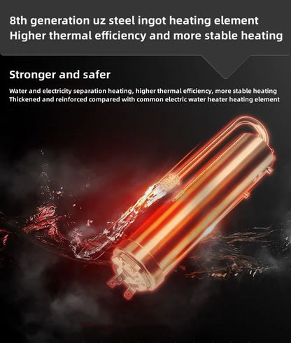 Calentador de agua eléctrico pequeño HYUNDAI con calentamiento rápido e instantáneo, temperatura constante inteligente y pantalla en inglés para ducha o baño.