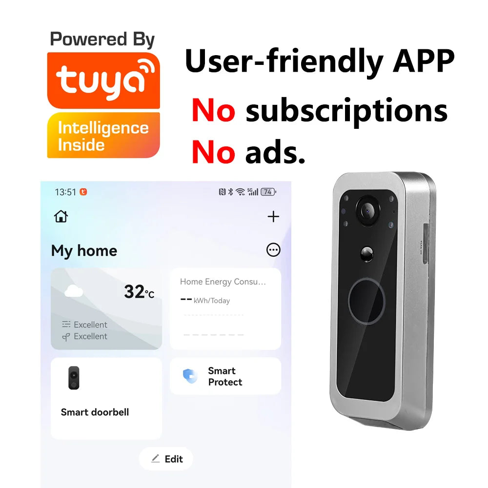 Yuezhe Tuya Smart Life WiFi Video Doorbell PIR Camera 2MP Outdoor Waterproof Wireless Door Security Intercom System 5' Monitor