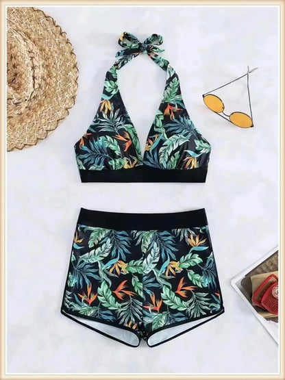 Bikini Halter 2023 para mujer, traje de baño de cintura alta, bañador sexy para mujer, traje de baño con estampado de hojas, ropa de playa de verano