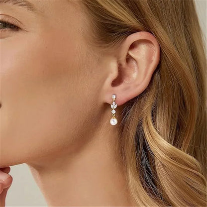 Pendientes colgantes de circonita cúbica con corte marquesa para mujer, joyería de boda con hojas de perla de imitación, precio de fábrica