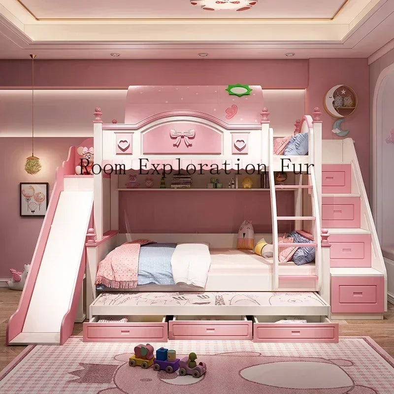 Cama infantil de madera para madres y niñas, edredones para bebés, cunas familiares, loft bajo, rosa, corrales para recién nacidos, litera para niños