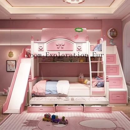 Cama infantil de madera para madres y niñas, edredones para bebés, cunas familiares, loft bajo, rosa, corrales para recién nacidos, litera para niños