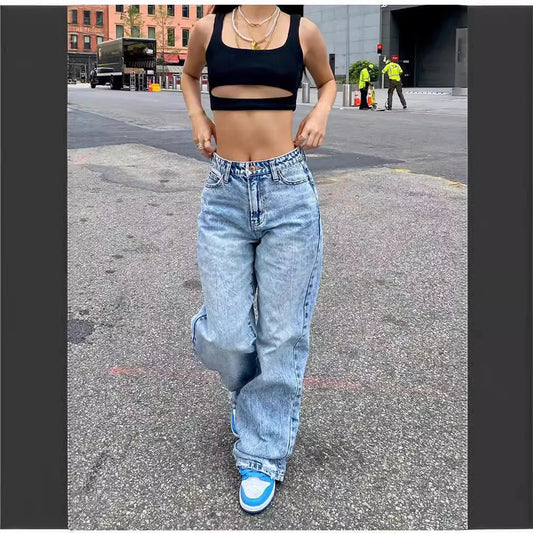 Pantalones vaqueros de mujer de longitud completa, de mezclilla desgastada lisa, rectos, con bolsillos, holgados, informales, de cintura media, básicos, con cremallera y cierre de cremallera, lavado plano