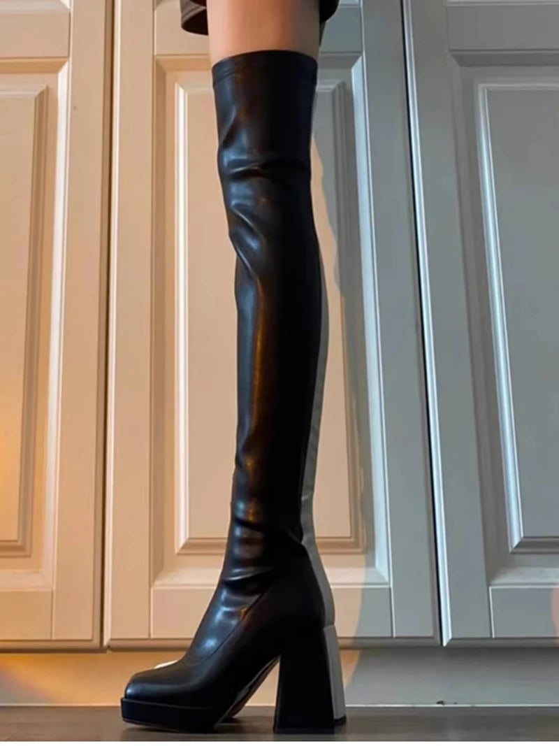 Autumn Winter Street Style Stretch Over The Knee Boots Women Fashion Round Toe Square Platform Heels Long Booties