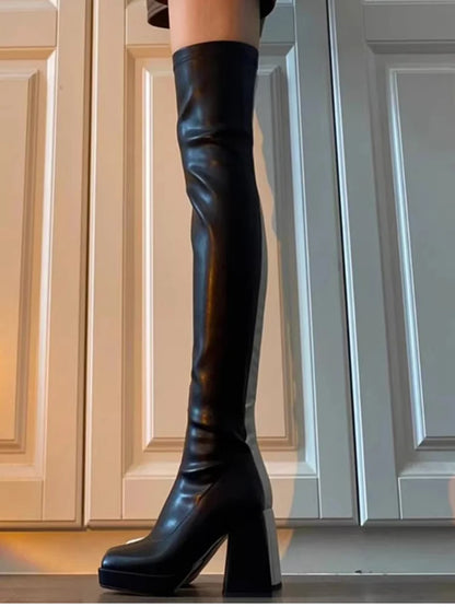 Autumn Winter Street Style Stretch Over The Knee Boots Women Fashion Round Toe Square Platform Heels Long Booties