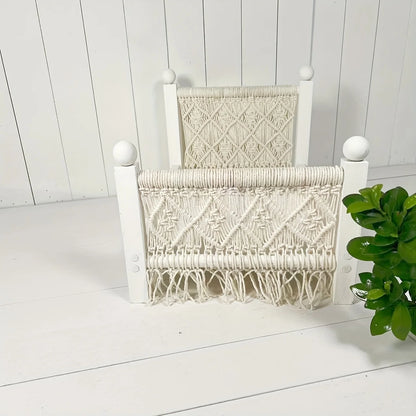 Cama de madera tejida blanca desmontada, estilo bohemio rústico europeo, accesorio de fotografía, decoración del hogar, sesiones de fotos