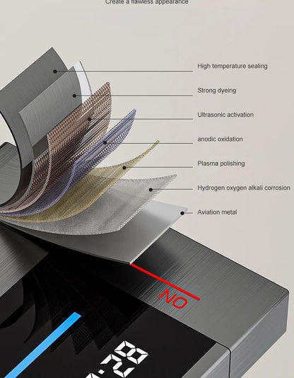 Sistema de ducha con luz ambiental y botones de piano grises, pantalla digital, grifos tipo lluvia y cabezal de ducha.