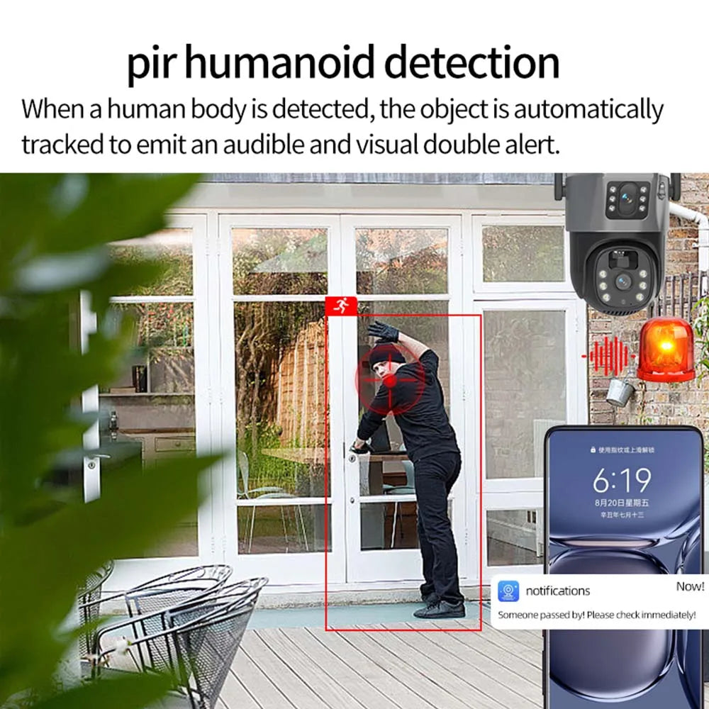 Cámara solar WiFi 4K de 8MP para exteriores, cámara de vigilancia CCTV inalámbrica con panel solar, doble lente, cámara IP PTZ y protección de seguridad.