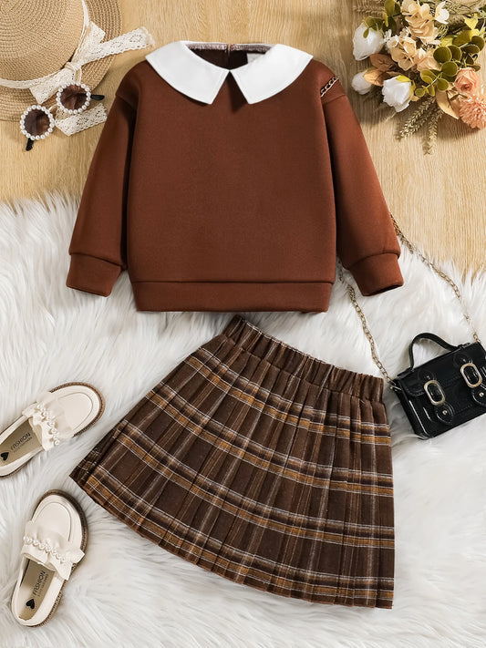 Ropa infantil para primavera y otoño, moda para niñas, lindo conjunto de color liso, top de manga larga con solapa + falda plisada a cuadros dos