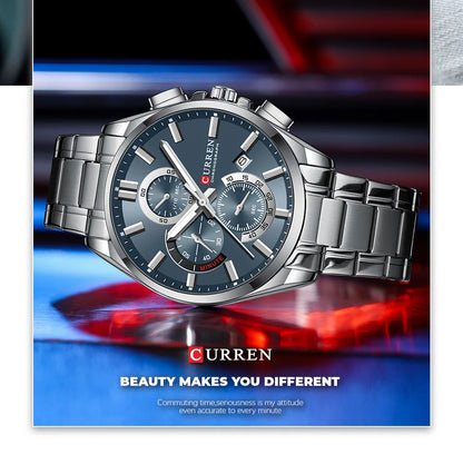 CURREN - Reloj cronógrafo de acero inoxidable para hombre con manecillas luminosas, tres subesferas, fecha automática, diseño moderno, de cuarzo