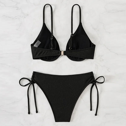 Bikini sexy fruncido sin espalda para mujer, con tirantes de color puro, soporte de acero, traje de baño separable, moda 2024, nuevo modelo, gran oferta