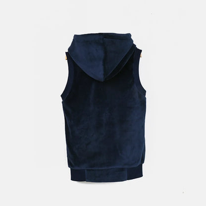 Ropa infantil, chaleco escolar para niño/niña, forro de terciopelo azul marino, chaleco exterior con capucha, cremalleras delanteras y corazón bordado, tops para niños