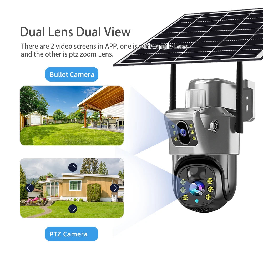 Cámara de seguridad CCTV V380 Pro 4K 8MP con 2 lentes, WiFi 4G, energía solar, visión nocturna PIR para exteriores, IP66, batería de bajo consumo.