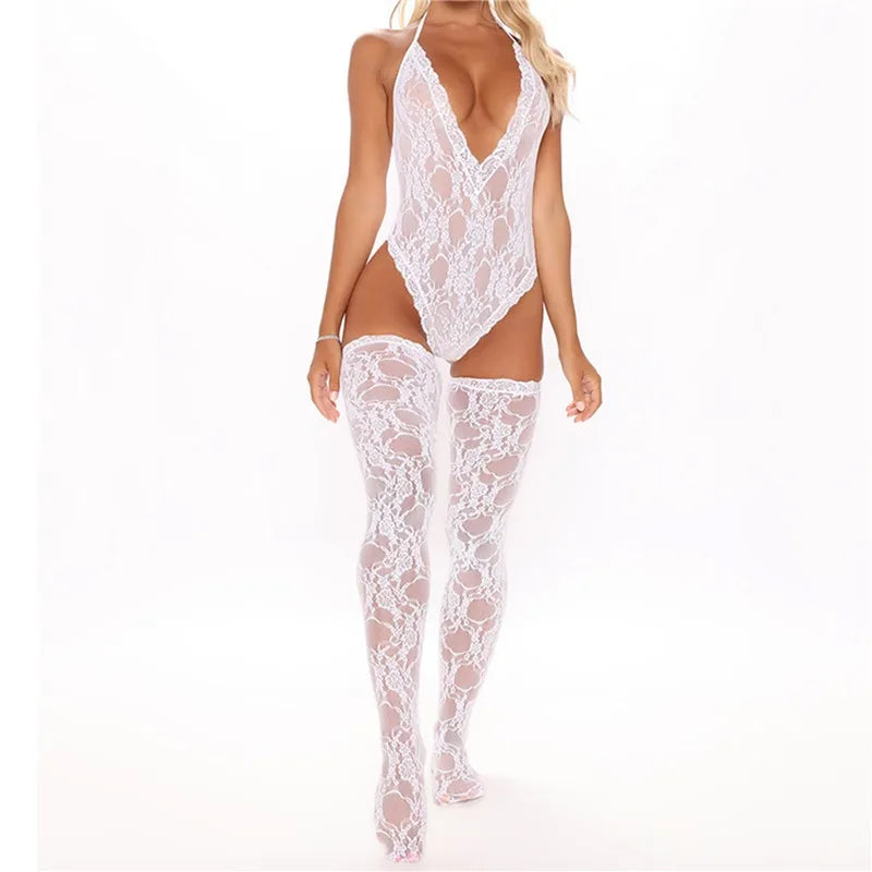 Body erótico sexy de malla de encaje, sexy, sin mangas, con espalda descubierta, estilo babydoll con tirantes y escote en V profundo, mono de moda para mujer