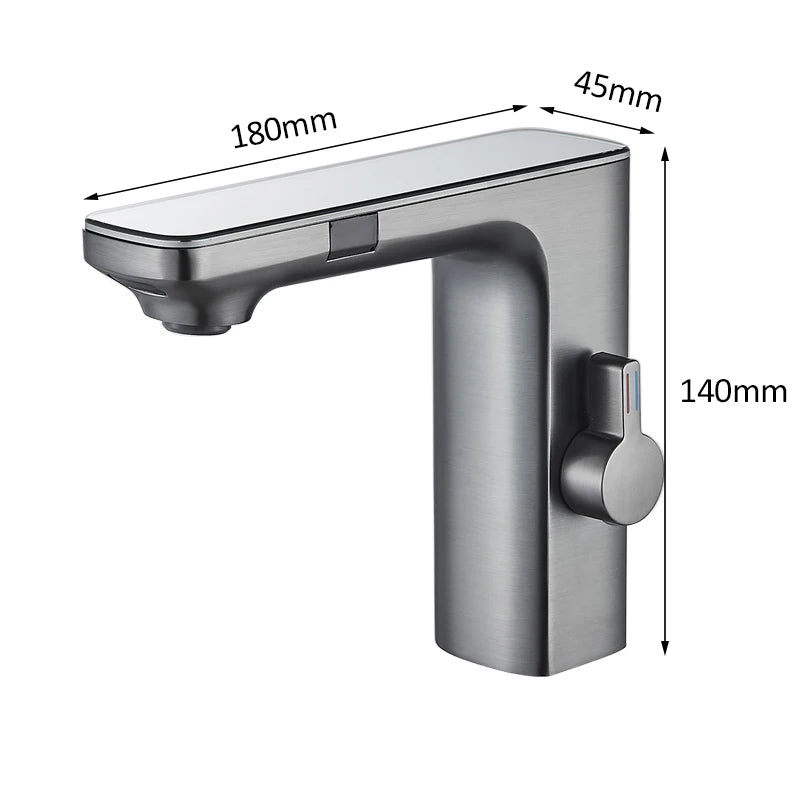 Grifo de lavabo inteligente con sensor, color gris plomo, pantalla digital, mezclador de agua fría y caliente, grifo sin contacto para lavabo de baño
