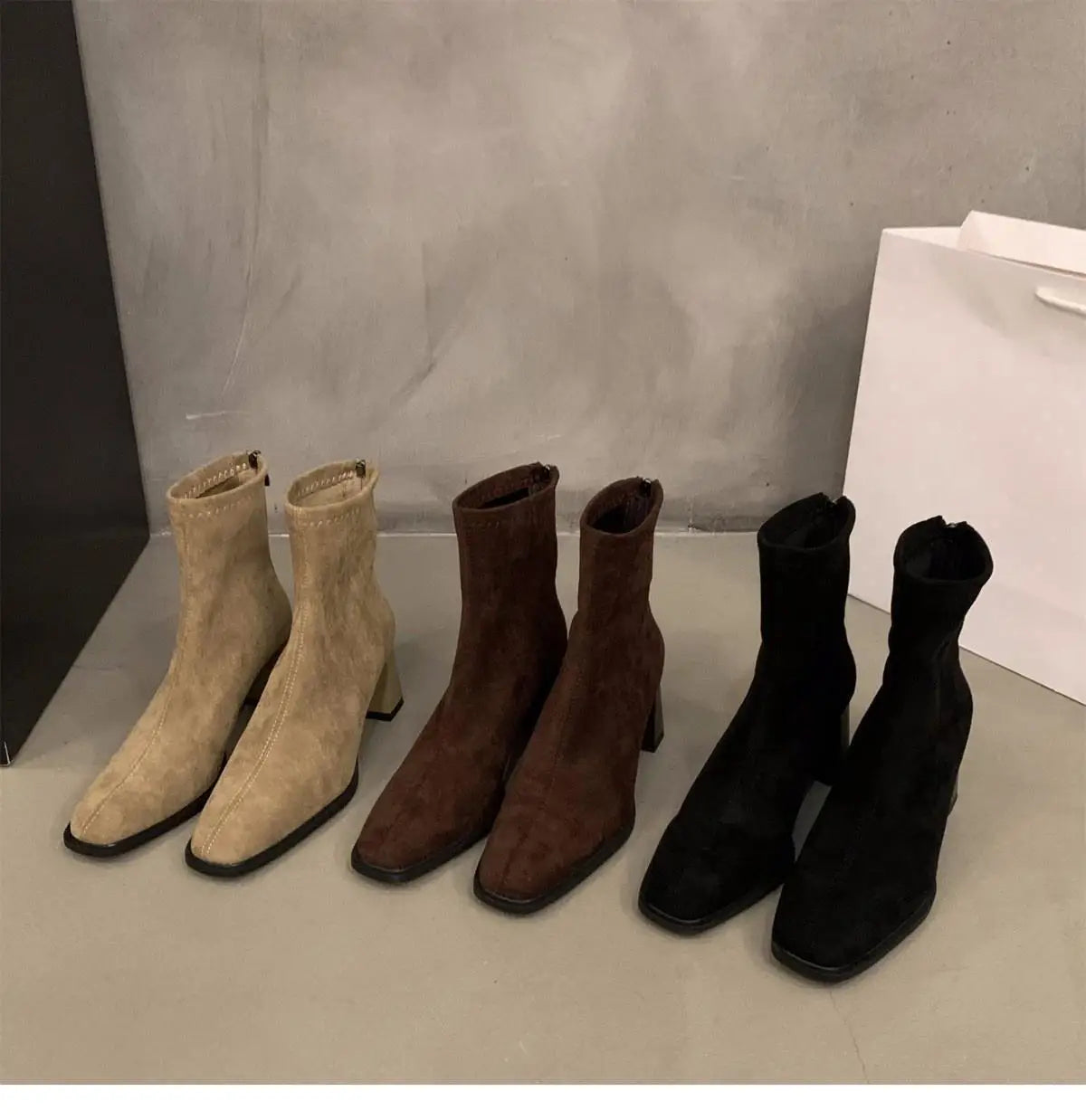 Vintage Women Ankle Boots 2024 Fashion Square Toe Thick High Shoes Autumn Winter New Ladies Elegant Stretch Slim Short Booties