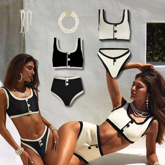 2024 Black and white simple ins style two-piece swimsuit women's small fragrant wind bikini