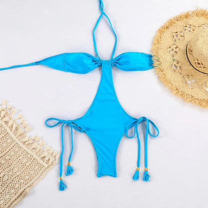Traje de baño de una pieza con cuello halter para mujer, bañador sexy con cordones y push up, conjuntos de bikini lisos 2023, ropa de playa, monokini
