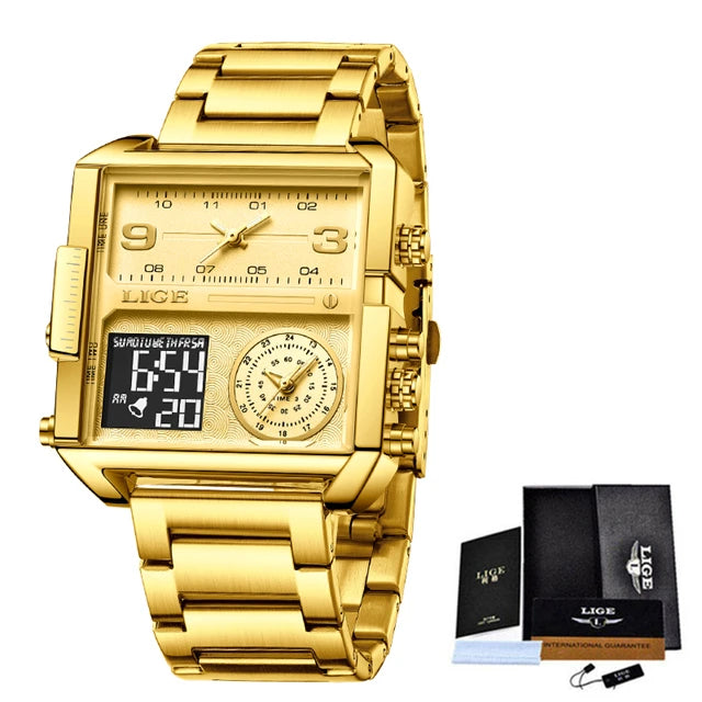 Reloj LIGE de acero negro para hombre, reloj digital con doble pantalla, cronógrafo deportivo, resistente al agua, de cuarzo, estilo militar