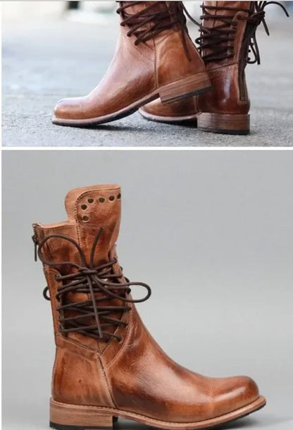 Botas de media caña con remaches para mujer, botines de caballero a la moda, estilo británico, para otoño e invierno, con cordones cruzados, de PU