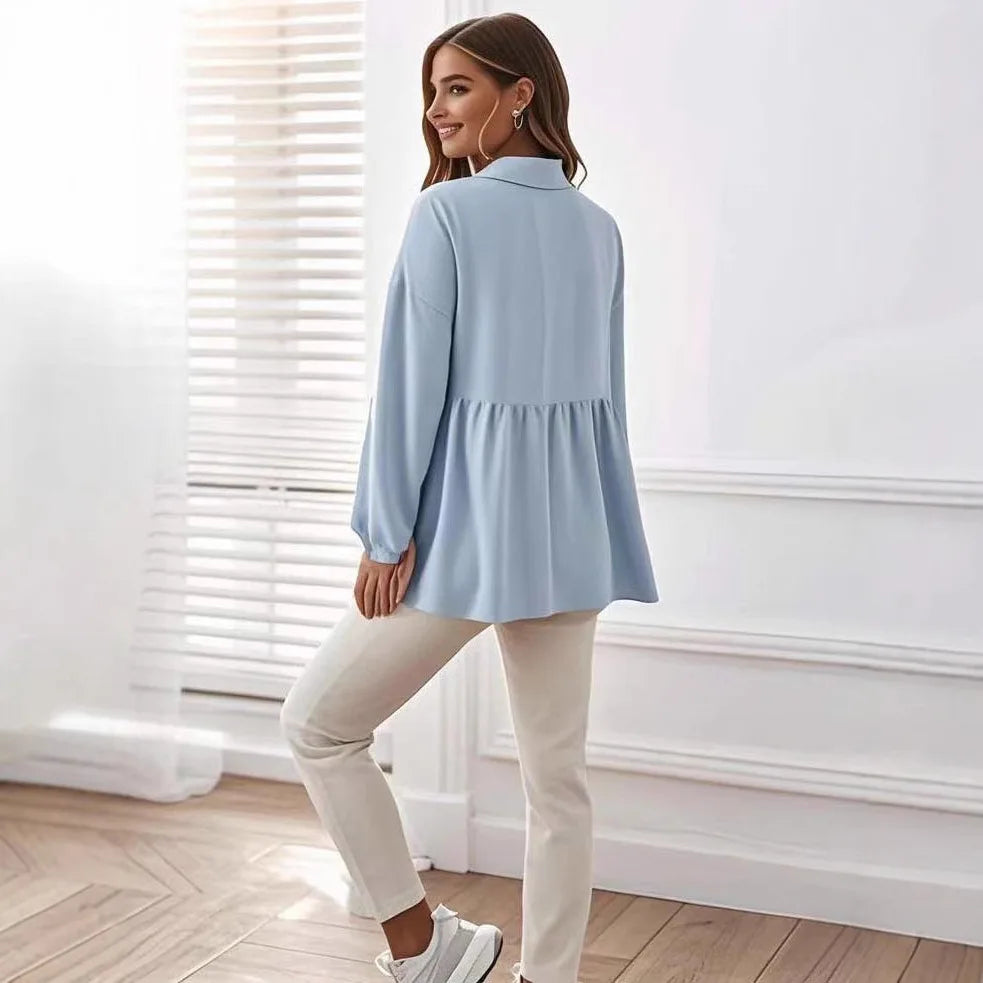 Ropa de maternidad, ropa para mujer, moda de primavera, camisas de color liso para embarazadas, blusa de manga larga con solapa y volantes