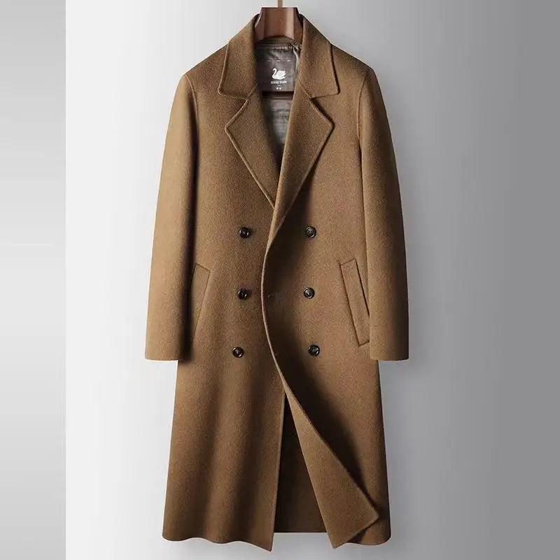 2025 Autumn/Winter New Men's 100% Wool Coat Knee length Double breasted Goose Down Inner Tank Thickened for Warmth