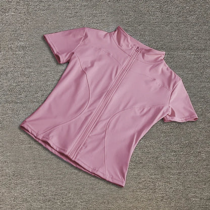 Camisetas de entrenamiento adelgazantes de cintura de verano de alta calidad para mujer, de secado rápido, con cuello alto ajustado y cremallera completa, camisetas de yoga de manga corta.