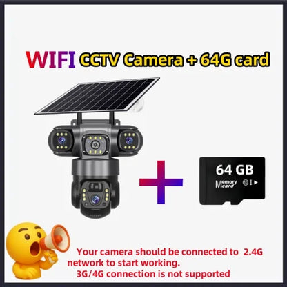Cámara solar WiFi V380 Pro de 15 MP con 3 lentes, 3 pantallas, zoom 10x, detección de movimiento, resistente al agua, visión nocturna y protección CCTV.
