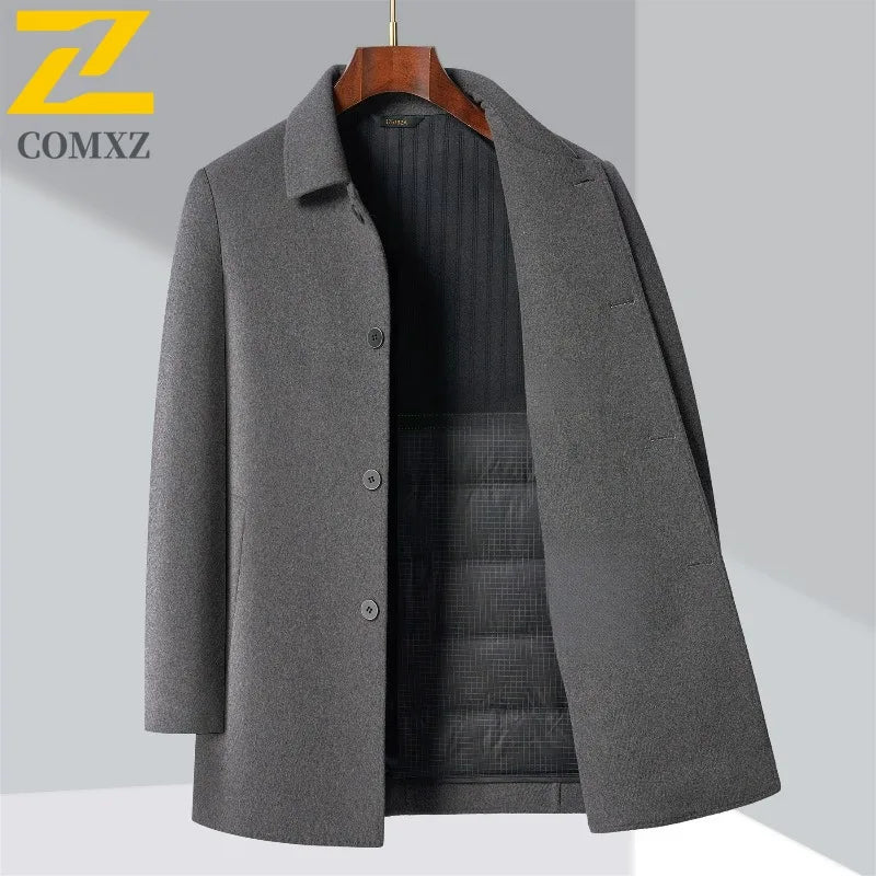 2025 Winter Men Wool Blend Overcoat Mid Length Double Faced Thick Warm Coat Detachable Goose Down Inner Premium TrenchCoat
