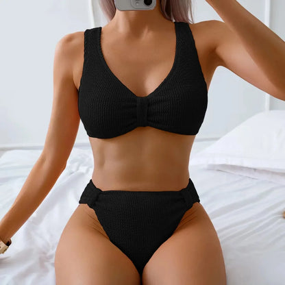 Nuevo traje de baño de dos piezas de bikini 2025, color puro, alta elasticidad, monocromático, ajuste cómodo, ropa de playa para mujer.