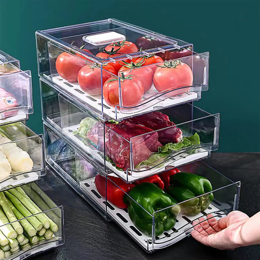 Organizador de refrigerador, contenedores apilables para refrigerador, contenedores reutilizables para almacenar alimentos, organizador de cajones para refrigerador en la cocina del hogar.