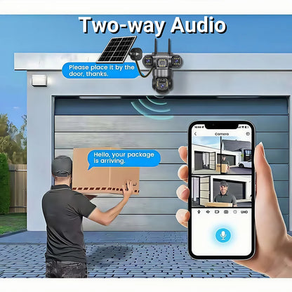 Cámara solar WiFi V380 Pro de 15 MP con 3 lentes, 3 pantallas, zoom 10x, detección de movimiento, resistente al agua, visión nocturna y protección CCTV.