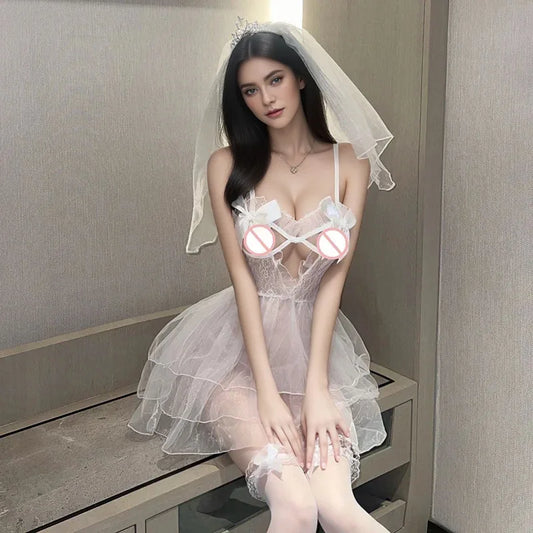 Sexy Bridal Lingerie Set See Through Mesh Babydoll Dress with Veil White Wedding Club Nightwear Cosplay Costume for Women Girls