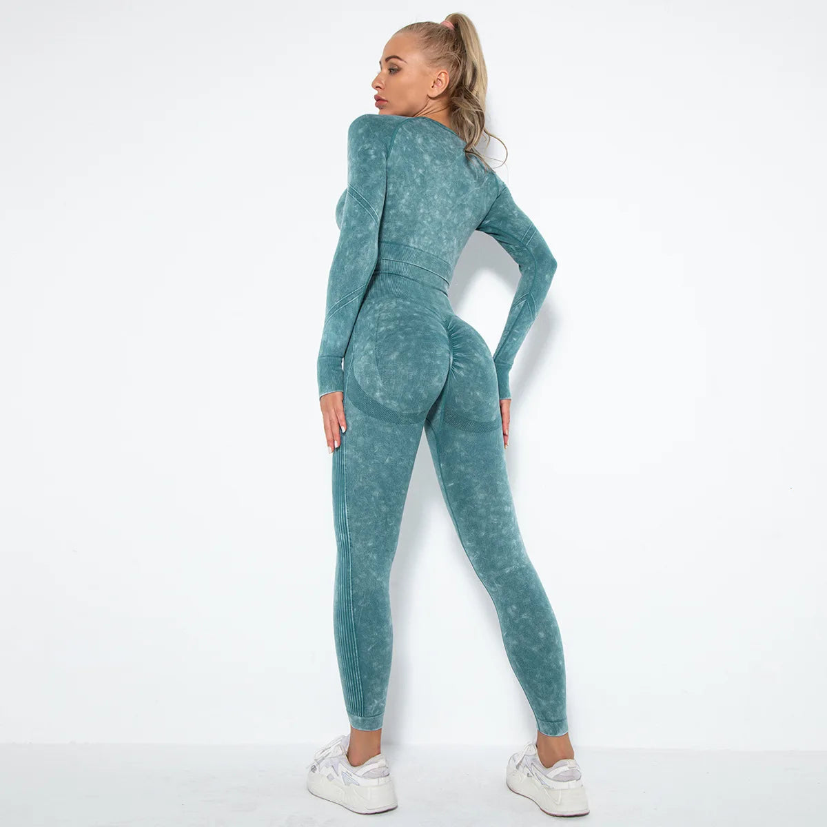 Conjunto de Yoga para Mujer de Alta Calidad, Sin Costuras, 2 Piezas, Camiseta Deportiva de Manga Larga con Color Degradado y Leggings Cortos, Ropa Deportiva para Mujer, 2 Piezas